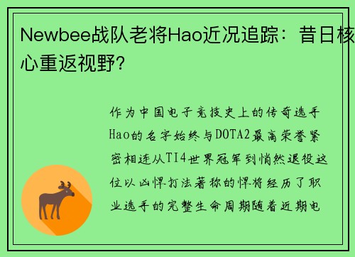Newbee战队老将Hao近况追踪：昔日核心重返视野？